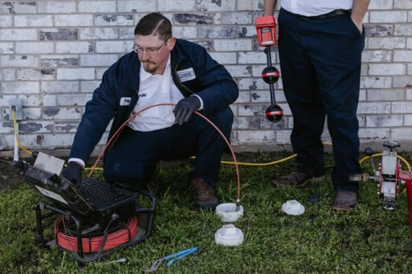 Two Plumbers At Dusty Underwood Plumbing Using Hydro Jetting On A Clogged Drain.